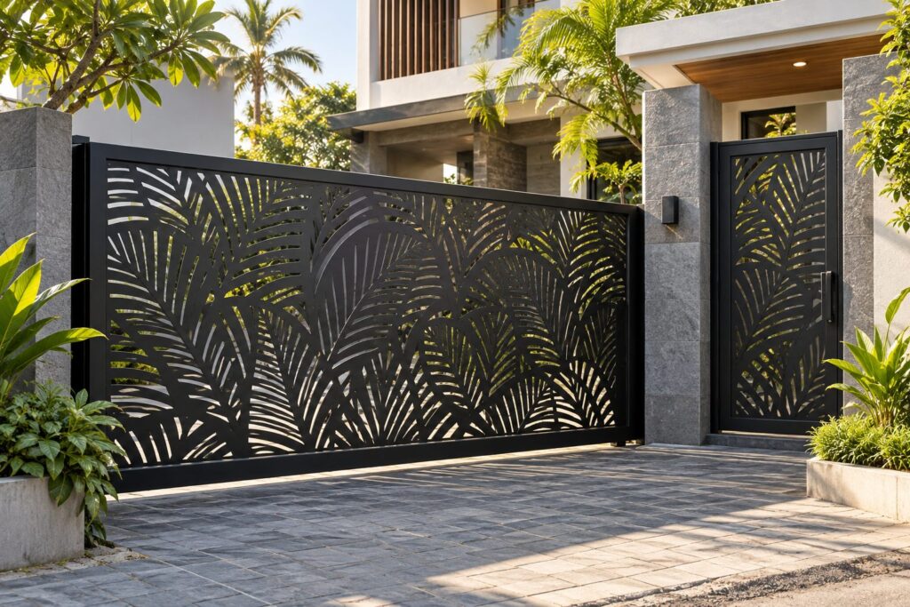 Pagar cutting laser motif daun tropis untuk rumah modern di Makassar