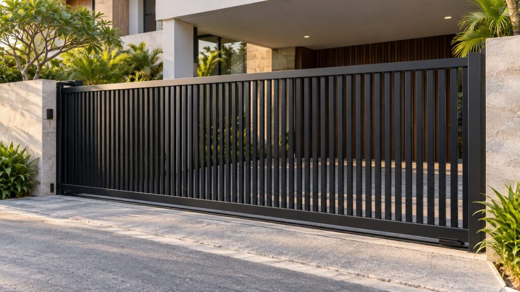 Pagar minimalis besi hollow hitam model sliding untuk rumah modern di Makassar